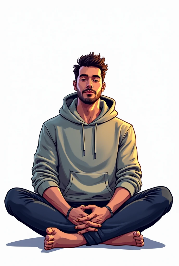 27-year-old man sitting in meditation position, with hoodie in digital art, comic style, white background