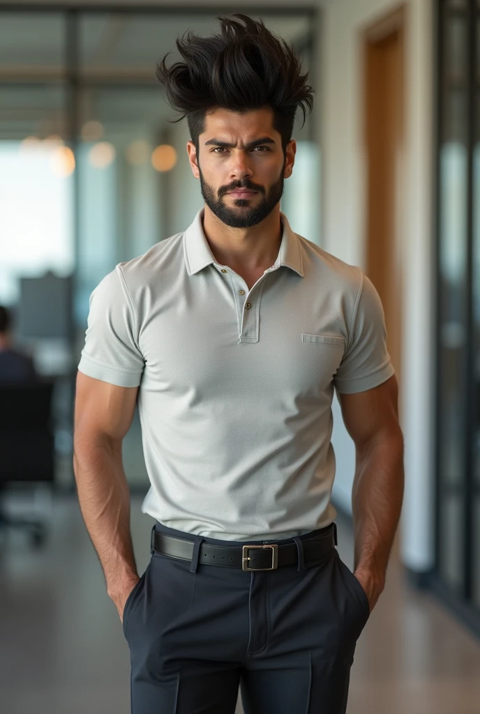 big pompadour wig, man, wearing polo shirt tucked in, office