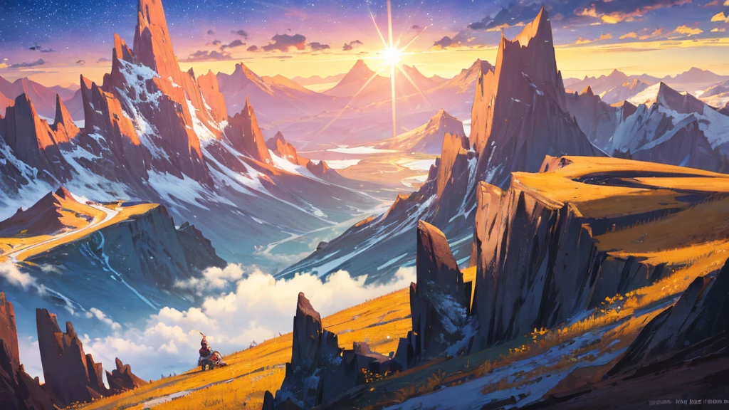 Fantasy landscape, pointed mountains, wide-open fields, shooting stars, sun set, See, High Resolution, strong colors