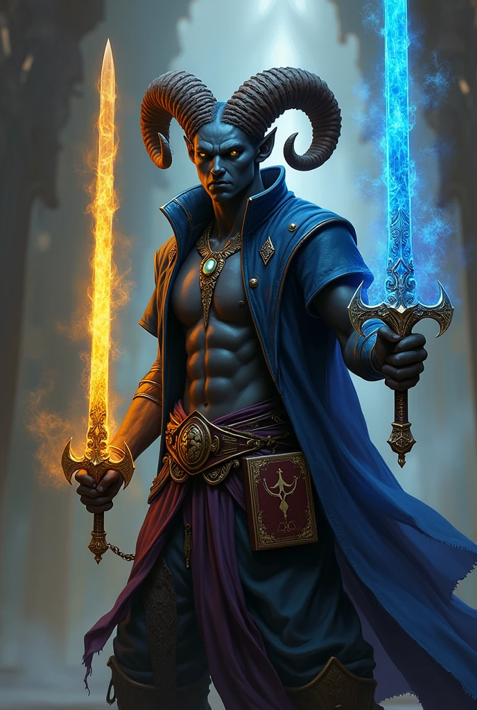 Dark-black skinned Tiefling male. One pearlescent eye and one yellow eye. Soft, solemn face. Ram’s horns are very short, curly, compact, and tightly-wound. Dual-wielding. First sword: golden, intricately carved, with red, glowing runes that are oozing black smoke. Second sword: an elegant, curved blade that’s magically glowing a cobalt blue. Can see his chest due to his sleeveless, buttonless, open, black jacket. No cape. No cloak. Book holster on his belt that’s holding a malevolent tome