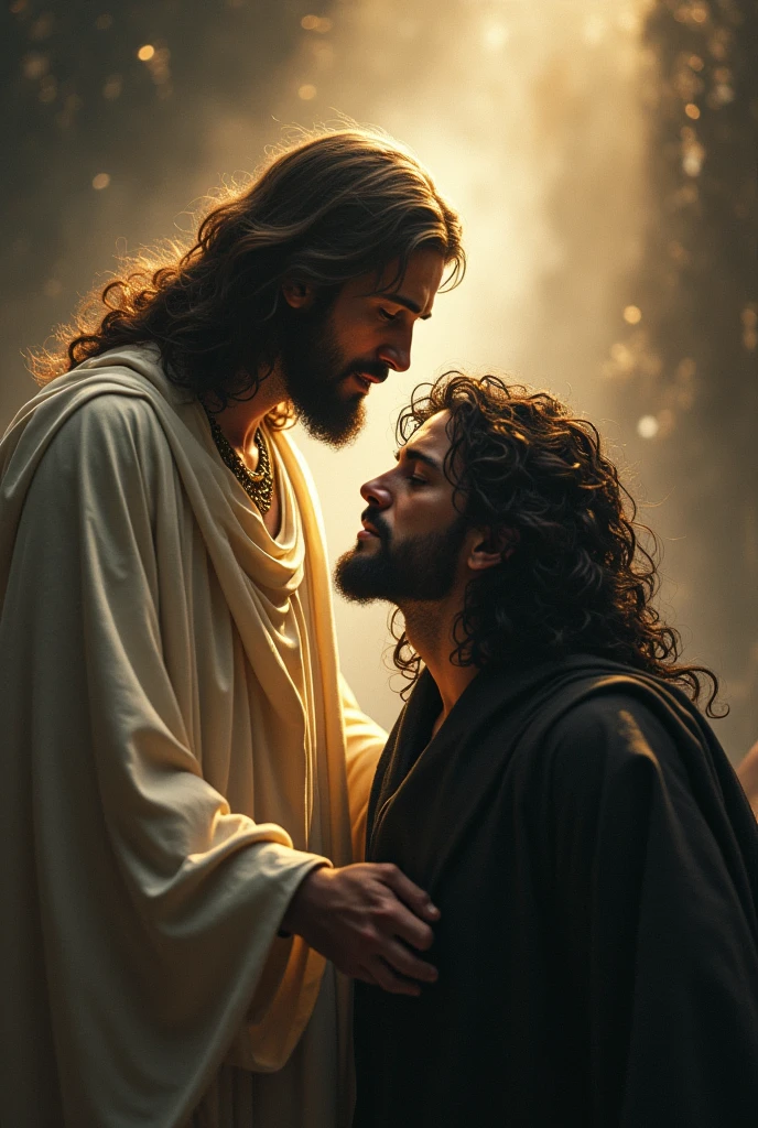 Jesus With a face in light who comes back and punishes the villain with a closed eye and black curly hair