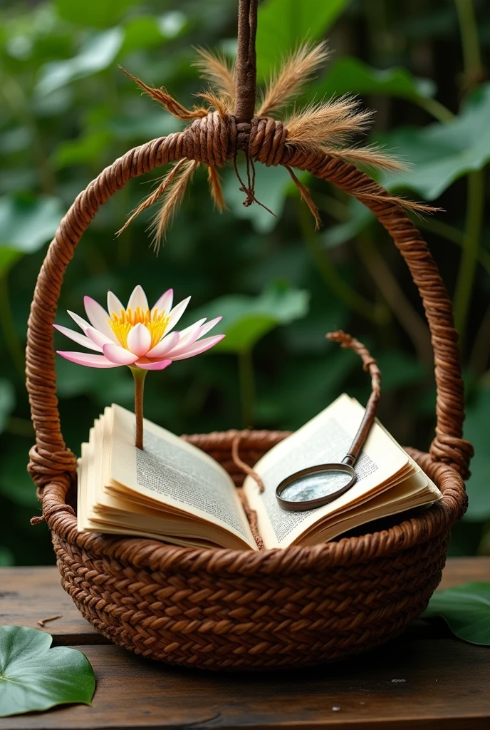 A harmonious fusion between indigenous tradition and scientific knowledge, represented by an indigenous basket that houses an open book, a magnifying glass and a water lily. Ao fundo, an indigenous headdress adds a touch of authenticity and values ancestral culture.