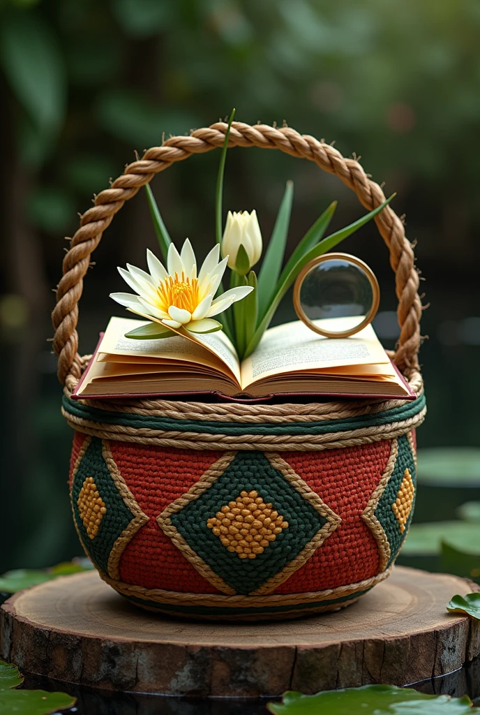 A harmonious fusion between indigenous tradition and scientific knowledge, represented by an indigenous basket that houses an open book, a magnifying glass and a water lily. Ao fundo, an indigenous headdress adds a touch of authenticity and values ancestral culture.