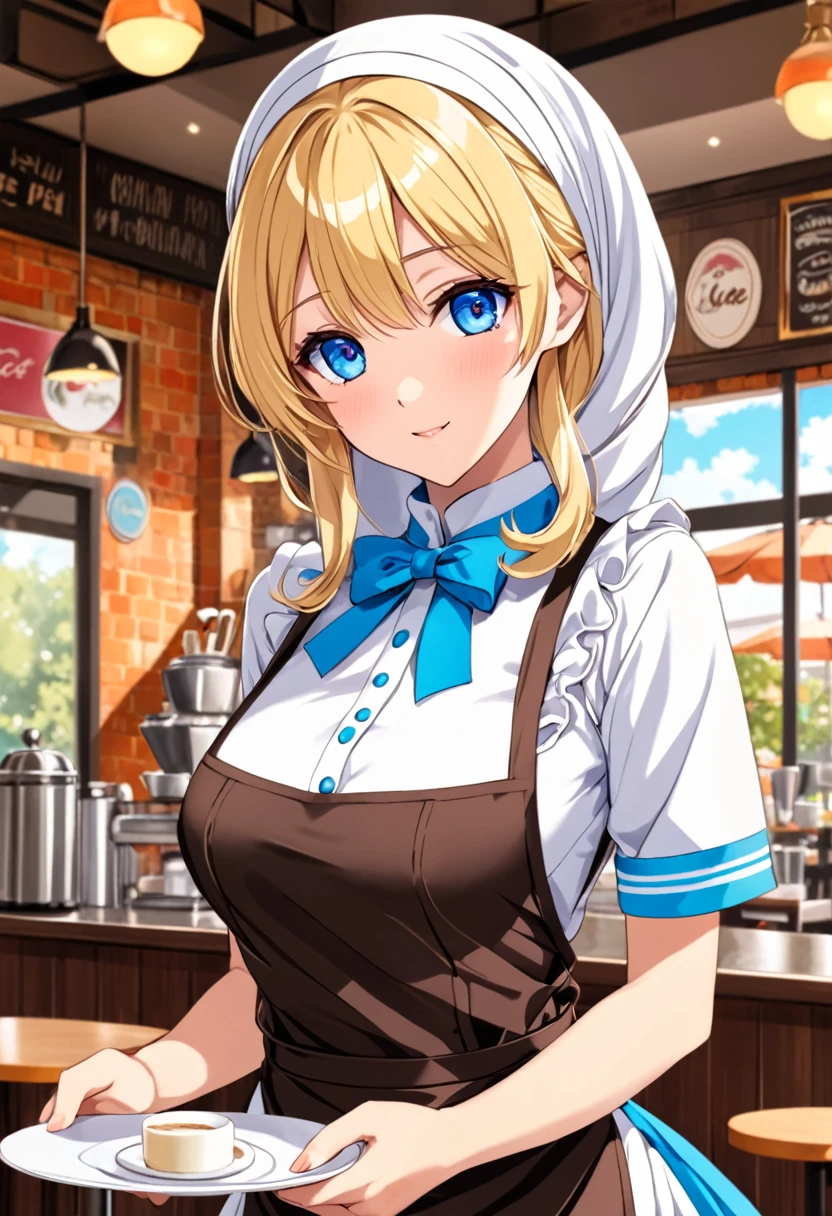 Anime young woman, blonde hair, fringe reparted in three parts, wearing hijab, light and bright blue eyes, waitress clothes, volumous chest, cafe background