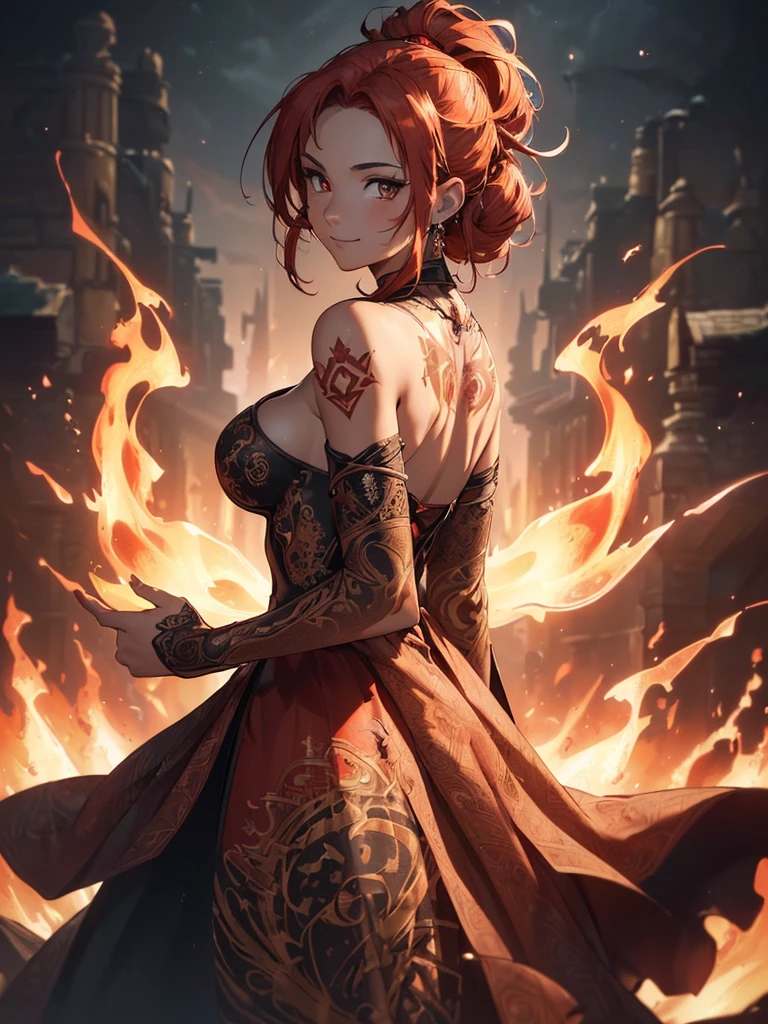 (((best quality, sharp image, clear image, cinematic lighting, 8k resolution, masterpiece, ultra detailed, intricate))) Girl, (((looking over left shoulder))), (shot from behind), fire mage, ((intricate background)), ((chaotic background)), red hair, smiling, ((flame runes, flame sigils)), (tatoo on back), slim figure, flying sigils, long dress, cute