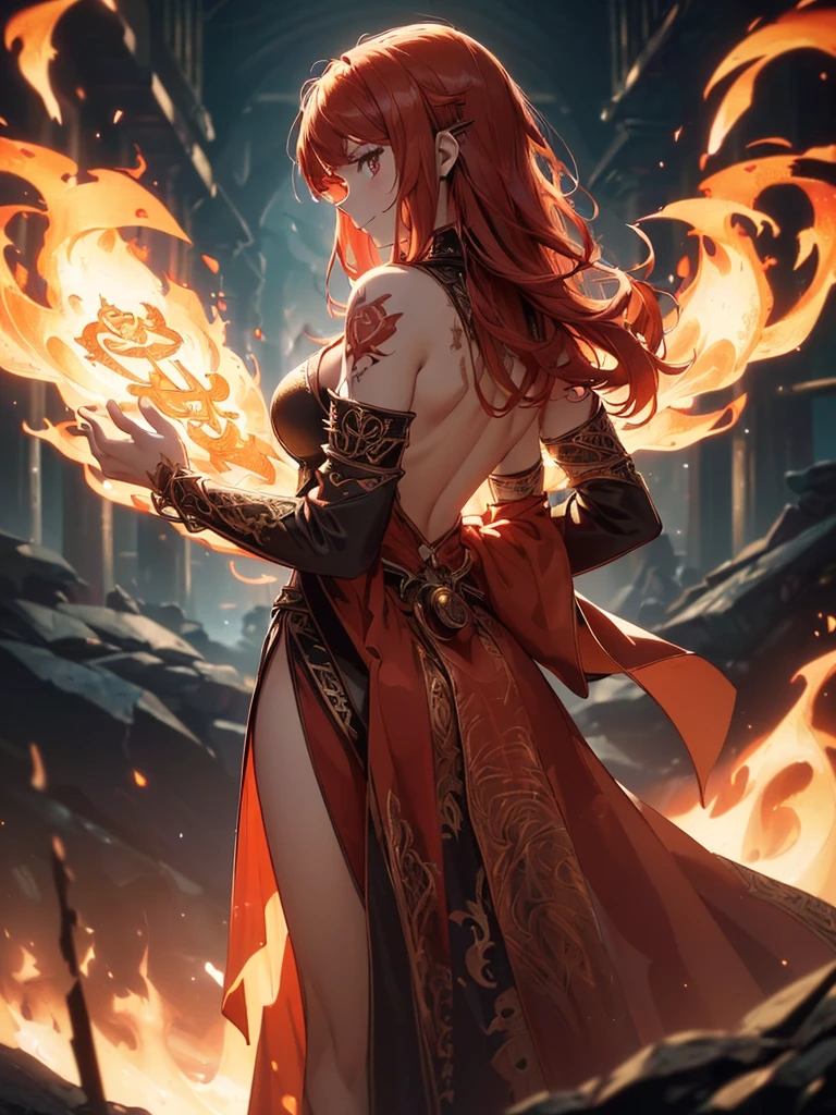 (((best quality, sharp image, clear image, cinematic lighting, 8k resolution, masterpiece, ultra detailed, intricate))) Girl, (((looking over left shoulder))), (shot from behind), fire mage, ((intricate background)), ((chaotic background)), red hair, smiling, ((flame runes, flame sigils)), (tatoo on back), slim figure, flying sigils, long dress, cute