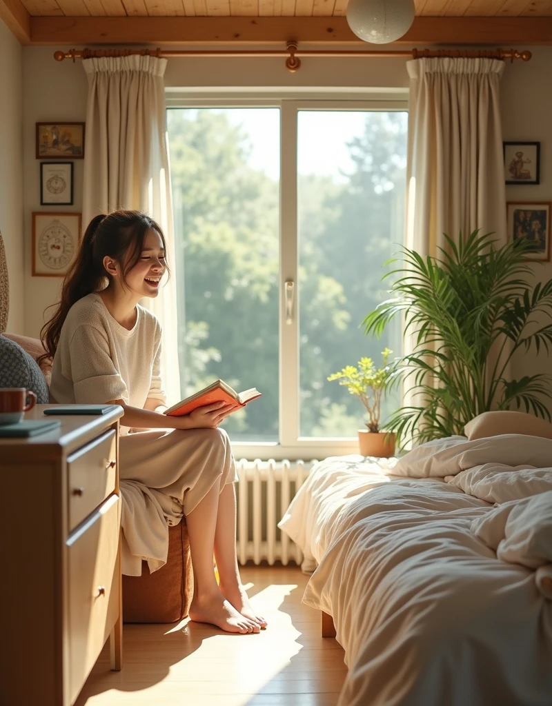 High-quality photograph of a girl sitting half-lying on a bed with a book and laughing.