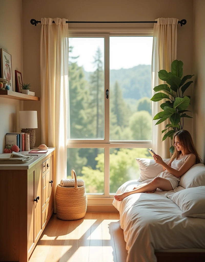 High-quality photograph of a girl sitting half-lying on a bed with a book and laughing.