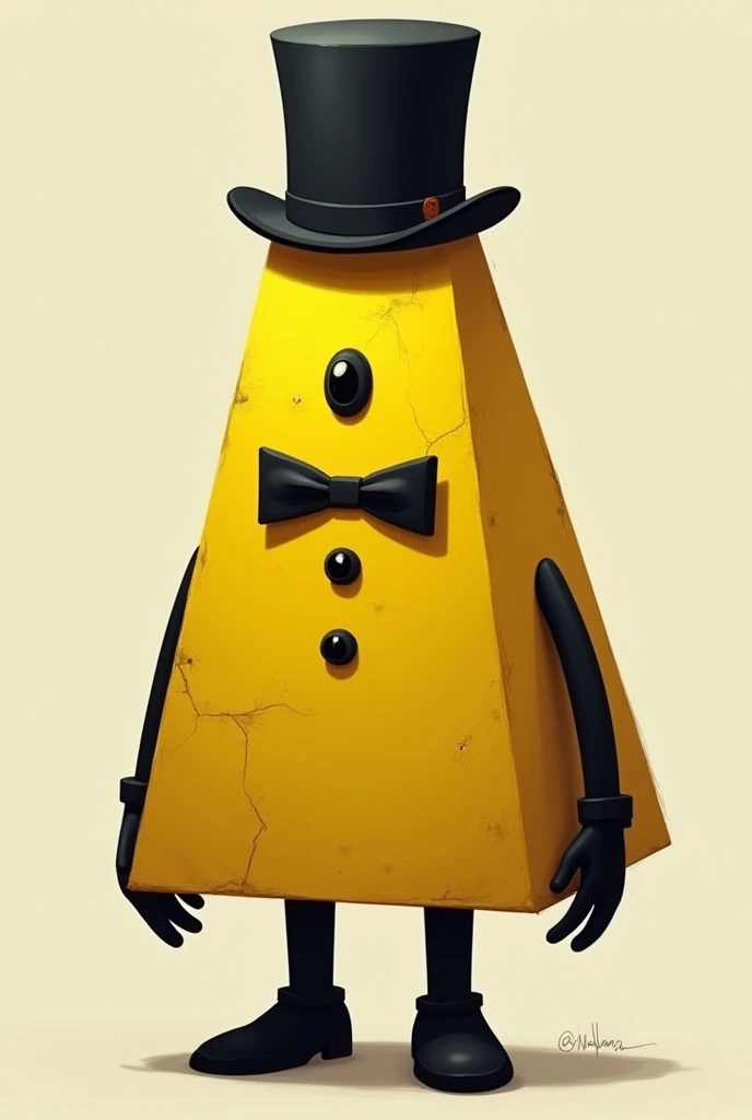 yellow triangle with one eye, 
black bowtie, black tophat and black limbs and breasts 
