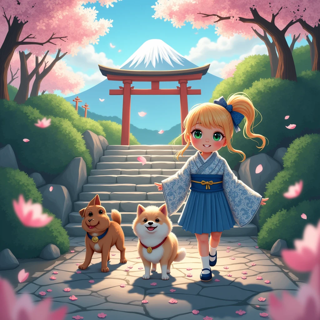 a painting of a girl in a dress and two dogs in a forest, concept art by Alexander Kucharsky, trending on artstation, fantasy art, children's art in artstation, Cute detailed digital art, adorable digital painting, Cute digital art, Fantastic matte painting,Cute, beautiful digital illustration, beautiful artwork ' digital art, colorfull digital fantasy art, Cute artwork(((masterpiece: 1,5, best quality, high resolution, super resolution, ultra detailed: 1,2, rich background: 1,4))), (close up), (1girl), solo, green eyes, blonde long hair tied with blue ribbon, hair ornament, blunt bangs, smiling, highschool girl, medium breast, ((hand on the air)), japanese clothes, (blue short pattern kimono), sandals, ribbon, obi, ((outdoor)), cherry blossom, (torii gate), stone staircase, sky (afternoon), cherry blossoms fall, ((dramatic light: 1,3)), cloudy, (fuji scenery behind). --v 6 --s 1000 --c 20 --q 500 --chaos 100