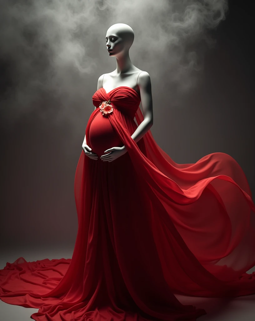 pregnant woman mannequin in red dress with flowing fabric in studio photo, digital art by Gabriel Ba,smoke , big cloudy effect , smoke,shutterstock contest winner, art photography, thick dust and red tones, maternal photography 4 k, draped in flowing fabric, draped with red hybiscus, award winning studio photo, flowing gown, grayscale phtoto with red dress, grayscale photo with red dress