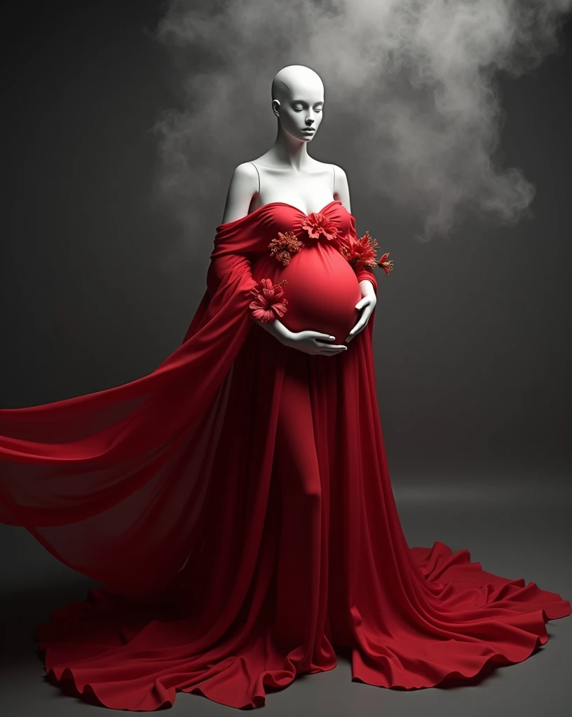 pregnant woman mannequin in red dress with flowing fabric in studio photo, digital art by Gabriel Ba,smoke , big cloudy effect , smoke,shutterstock contest winner, art photography, thick dust and red tones, maternal photography 4 k, draped in flowing fabric, draped with red hybiscus, award winning studio photo, flowing gown, grayscale phtoto with red dress, grayscale photo with red dress