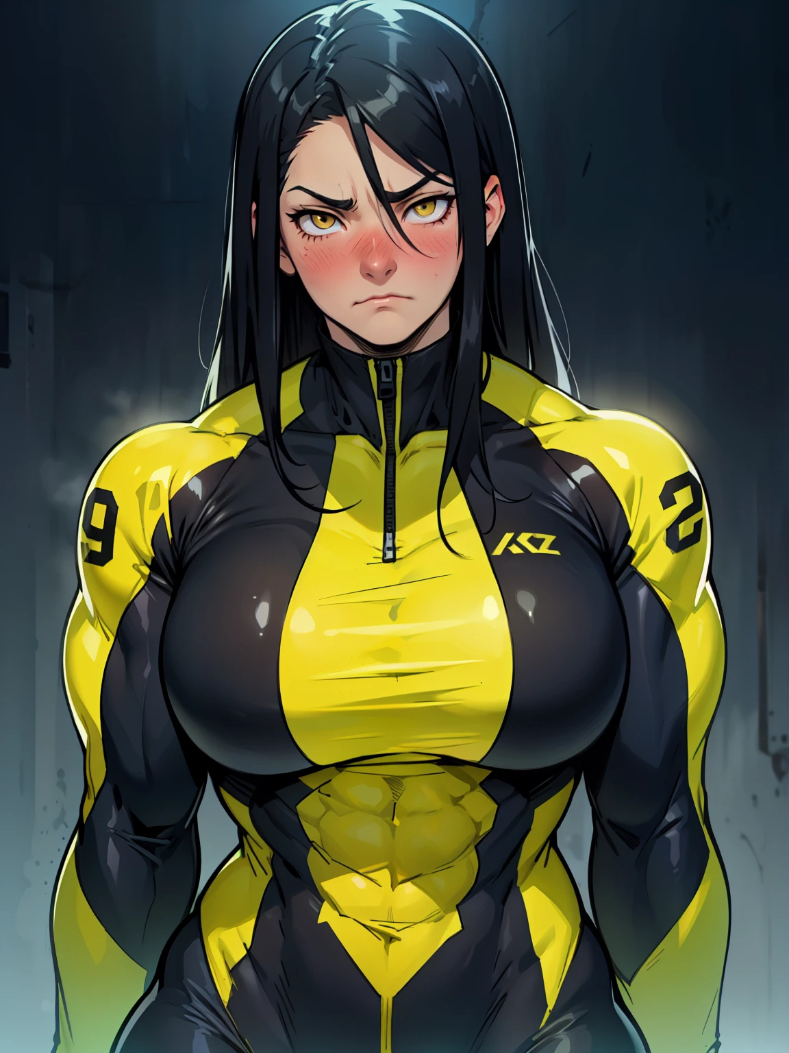 massive breasts huge breasts ((((muscular girl)))) ((((muscular girl)))) ((((muscular girl)))) toned body skinsuit long hair black hair yellow eyes pale skin serious look empty eyes sad frown light blush embarrassed