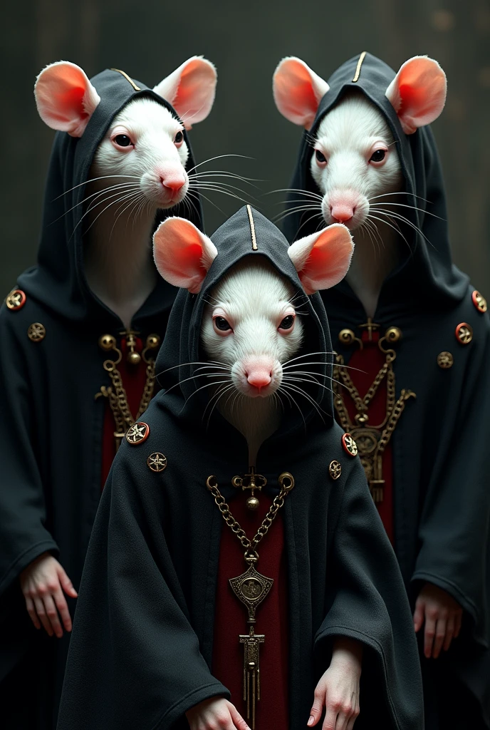 3 blind white rats in satanic cult clothing with blind glasses