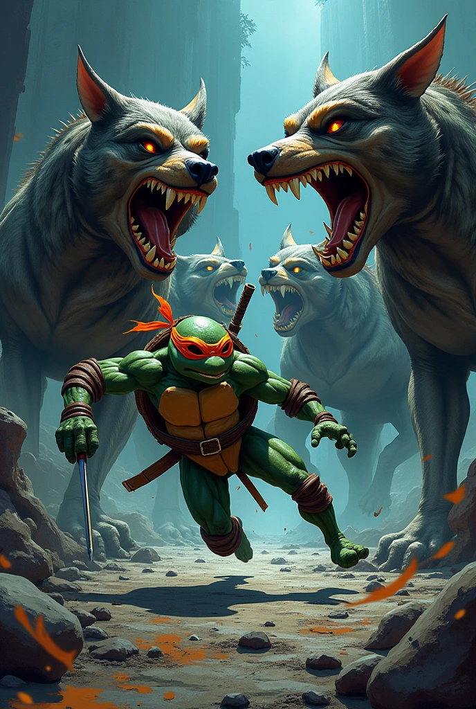 There were several three-headed dogs coming to attack. One of the ninja turtles used his speed to run around them., trying to confuse
