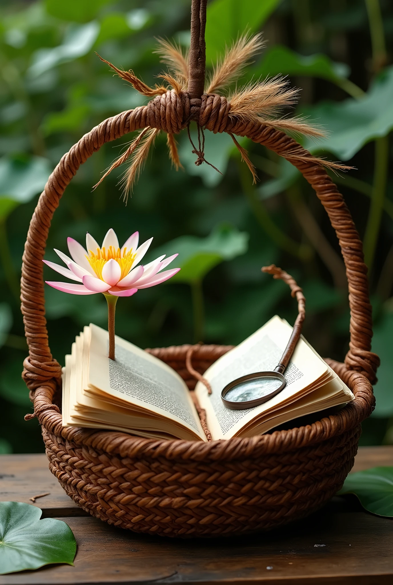 A harmonious fusion between indigenous tradition and scientific knowledge, represented by an indigenous basket that houses an open book, a magnifying glass and a water lily. Ao fundo, an indigenous headdress adds a touch of authenticity and values ancestral culture.