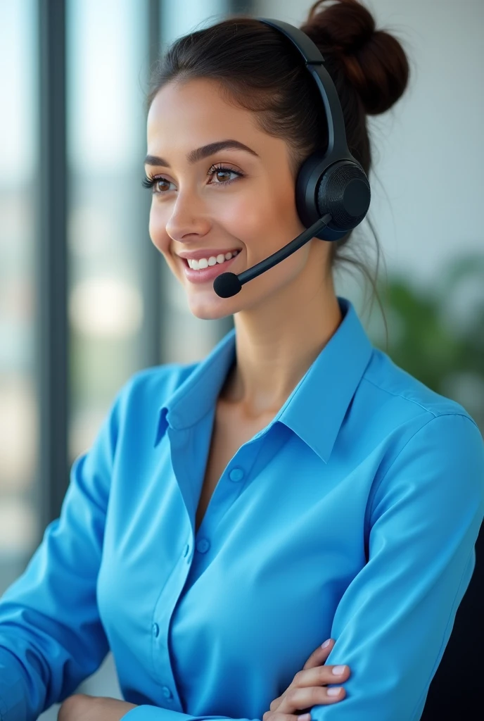 Lady with headphones and microphone wearing a full sky blue customer service shirt answering a call, sharp image, Hair with a bun
