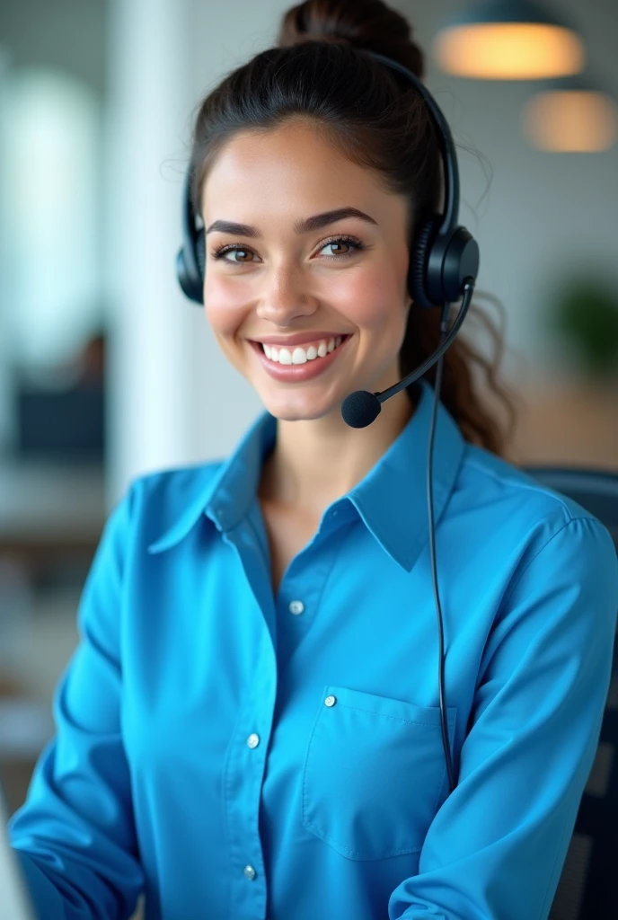 Lady with headphones and microphone wearing a full sky blue customer service shirt answering a call, sharp image, Hair with a bun