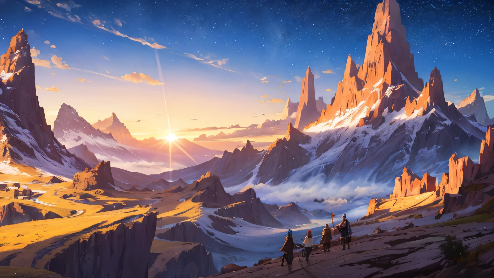 Fantasy landscape, pointed mountains, wide-open fields, shooting stars, sun set, See, High Resolution, strong colors