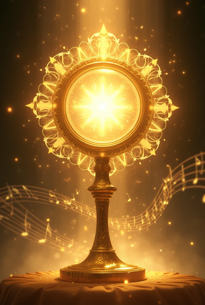 Create an image with a monstrance full of light and musical notes around it