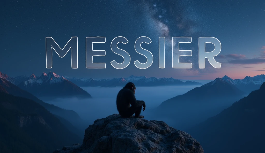 words "MESSIER" written in large letters with a font that is filled and very beautiful 
" at the back of the screen where the sky meets the mountains , ((masterpiece, of the highest quality, Maximum image quality, High resolution, photorealistic, raw photo, 8k)), ((Extremely detailed 8k unified CG wallpaper)), In the middle of the night, A chimpanzee sits on a rock at the top of a mountain, looking at the stars, He comes up with a new idea about the origin of humanity, view from below,