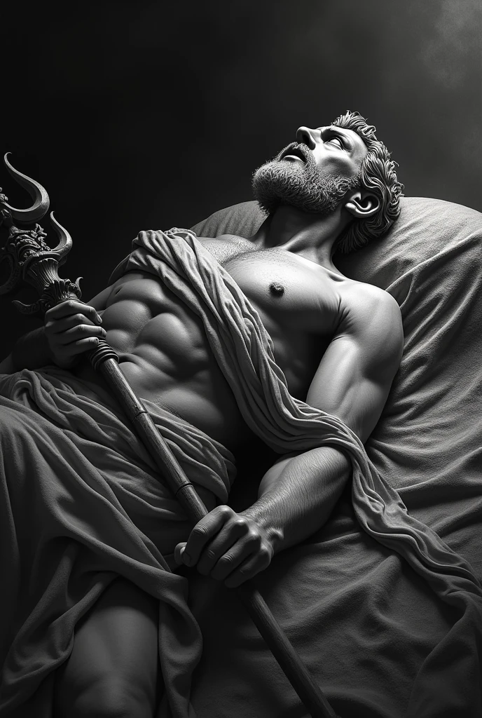Create a black and white image of a dead Poseidon with a scepter in his hand