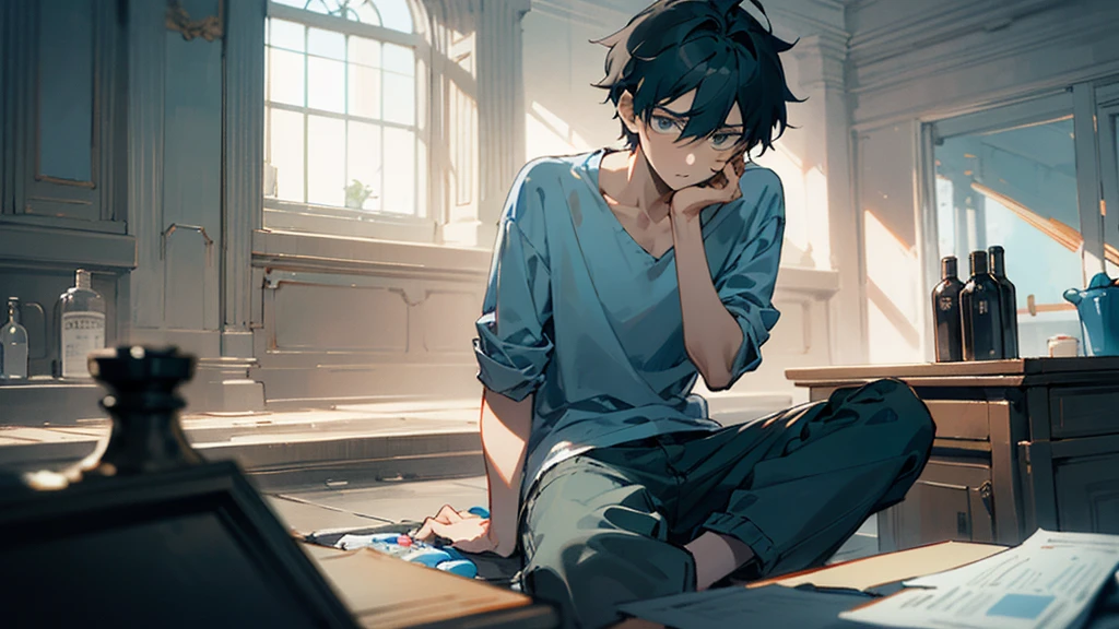 A curious -yeld boith a slim build and casual clothes, staring intently at a bottle of pills in his hand. His expression is one of deep thought and curiosity. The setting is a simple, muted-toned room that highlights his contemplative mood.