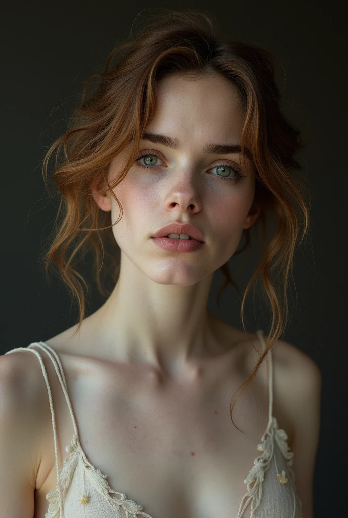 Emma Watson, nude, young, anorectic, pale skin, extremely beautiful, seductive, messy hair, sad gazes into camera