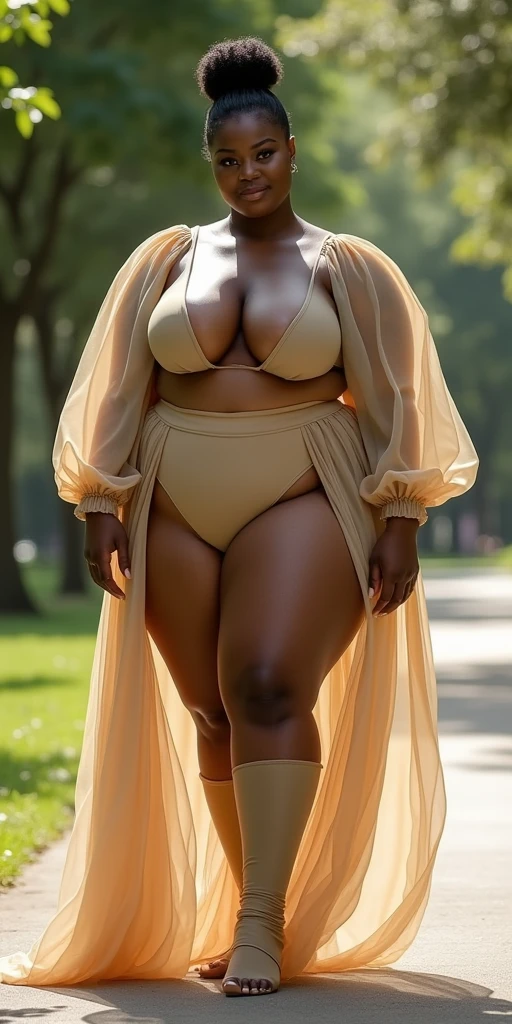 IMMENSE HIPS, tiny waist, MASSIVE BUTTOCKS, translucent (tan plastic) leg warmers, UHD, She's a dark skin melanin Goddess, translucent puffy intricate HUGE beige sleeves skirt, park sidewalk, with infinitely small waist, tiny thin waistline, high top fade cut, RAW, no nudity  
