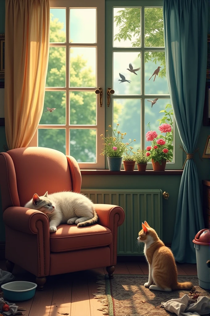 Create a split image in half on the left side of a cat sleeping on an armchair in front of an open window where a park with birds can be seen. On the right side, a neglected cat standing next to a mountain of poop and without water in the dish seen from a window with cracks
