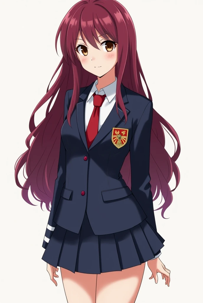 Create a girl in the style of boku no hero academia with long, wine-colored hair wearing the UA uniform