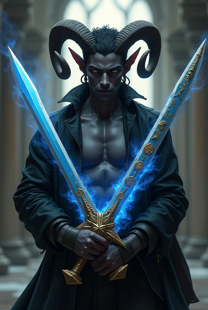 Dark-black skinned Tiefling male. One pearlescent eye and one yellow eye. Soft, solemn face. Ram’s horns are very short, curly, compact, and tightly-wound. Dual-wielding. First sword: golden, intricately carved, with red, glowing runes that are oozing black smoke. Second sword: an elegant, curved blade that’s magically glowing a cobalt blue. Can see his chest due to his sleeveless, buttonless, open, black jacket. Black trousers. Book holster on his belt that’s holding a malevolent, dark tome.