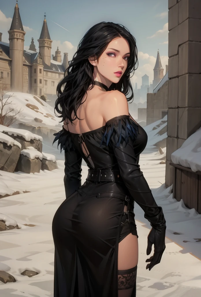 perfect eyes:1.2, detailed eyes:1.4, talojiyennefer, serious, dlcoutfit, long hair, black hair, mole, mole under mouth, choker, black choker, bare shoulders, gloves, dress, black dress, jewelry, thighhighs, lips, violet eyes, belt, cowboy shot, 1girl, solo, (masterpiece:1.6, best quality), 8k, insane details, intricate details, hyperdetailed, hyper quality, high detail, ultra detailed, professional, HDR, ray tracing reflection, cinematic lighting,