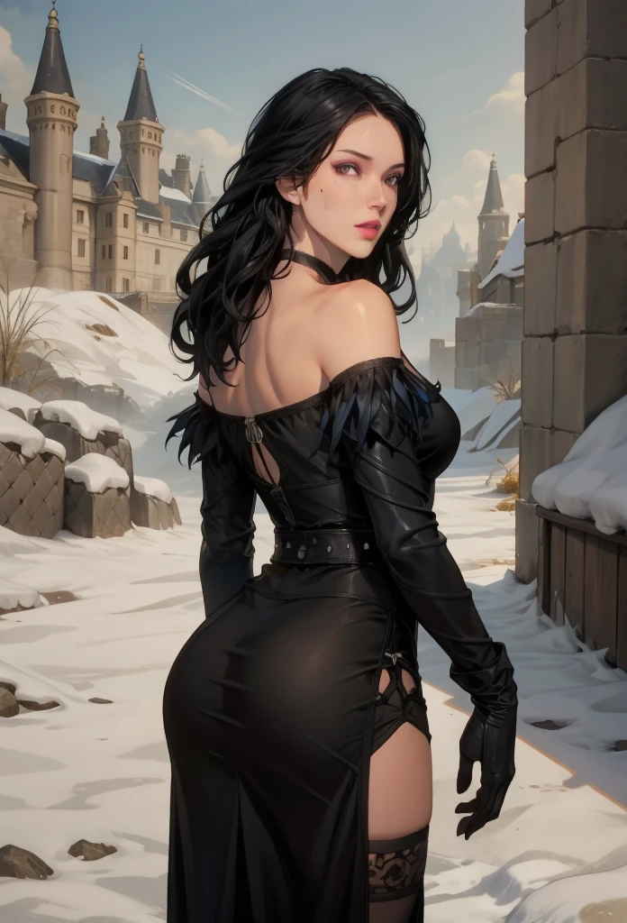 perfect eyes:1.2, detailed eyes:1.4, talojiyennefer, serious, dlcoutfit, long hair, black hair, mole, mole under mouth, choker, black choker, bare shoulders, gloves, dress, black dress, jewelry, thighhighs, lips, violet eyes, belt, cowboy shot, 1girl, solo, (masterpiece:1.6, best quality), 8k, insane details, intricate details, hyperdetailed, hyper quality, high detail, ultra detailed, professional, HDR, ray tracing reflection, cinematic lighting,