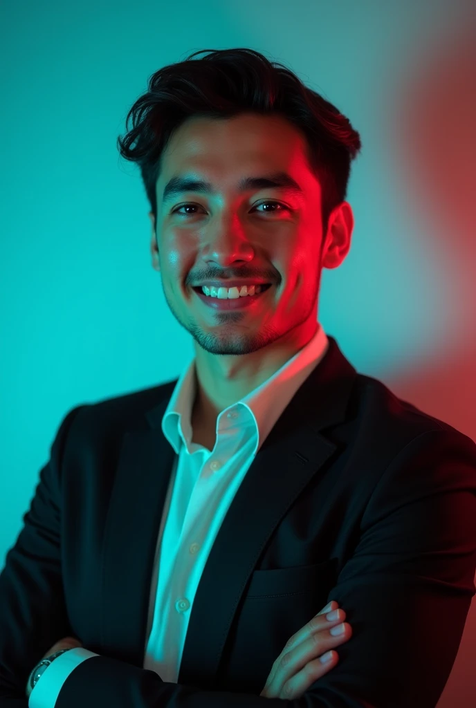 A young man with dark hair and confident smile.
He is dressed in a black blazer over a white shirt.
The man is positioned Against aqua colour backdrop with a suitable red light on the left side. And he posing for Linkedin profile
