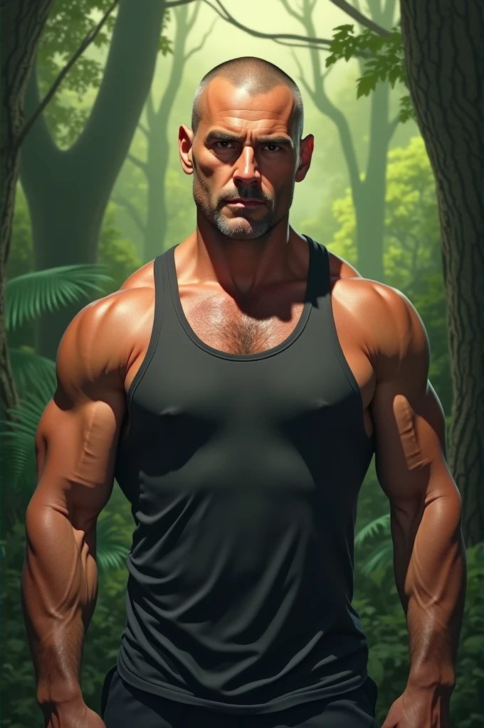 40 year man, tank top, muscle, runner, skin head, bearth, slim, brown eyes, forest,