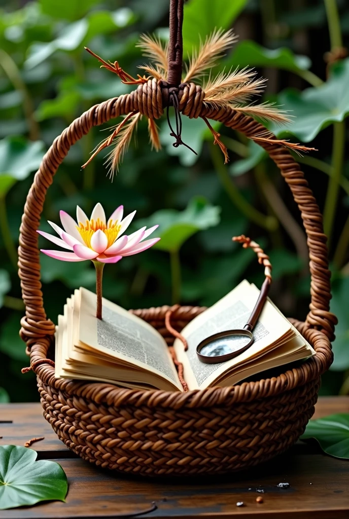 A harmonious fusion between indigenous tradition and scientific knowledge, represented by an indigenous basket that houses an open book, a magnifying glass and a water lily. Ao fundo, an indigenous headdress adds a touch of authenticity and values ancestral culture.