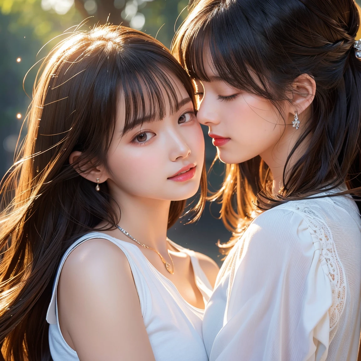((Highest quality)), (Ultra-high resolution), (Very detailed), (Detailed Description), ((The best CG)), (masterpiece), Ultra-detailed art, perfect anatomy, two stunning girls are deeply in love with each other, kiss, the most important work