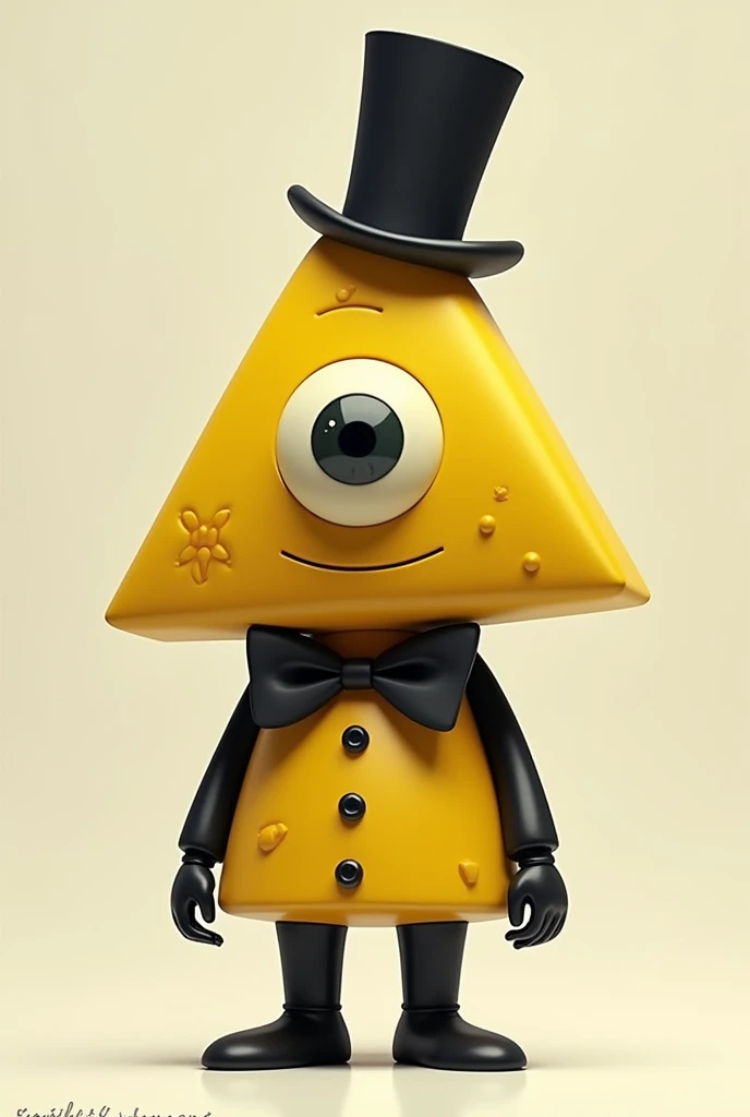 yellow triangle with one eye, 
black bowtie, black tophat and black limbs and breasts 
