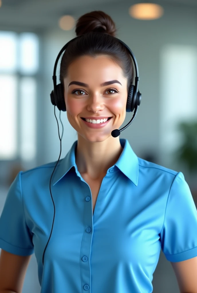 Lady with headphones and microphone wearing a full sky blue customer service shirt answering a call, sharp image, Hair with a bun