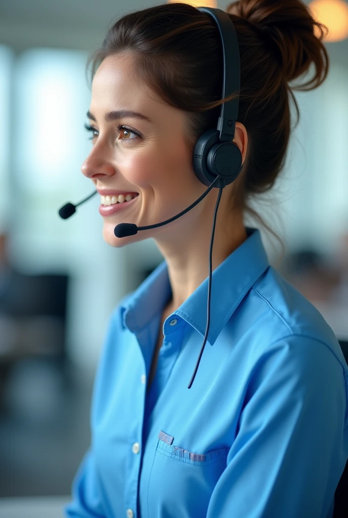 Lady with headphones and microphone wearing a full sky blue customer service shirt answering a call, sharp image, Hair with a bun