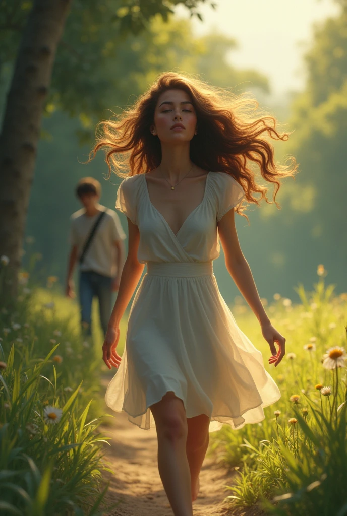 Young woman with wavy hair peacefully walking forward and ex boyfriend watching her walk away from his life.