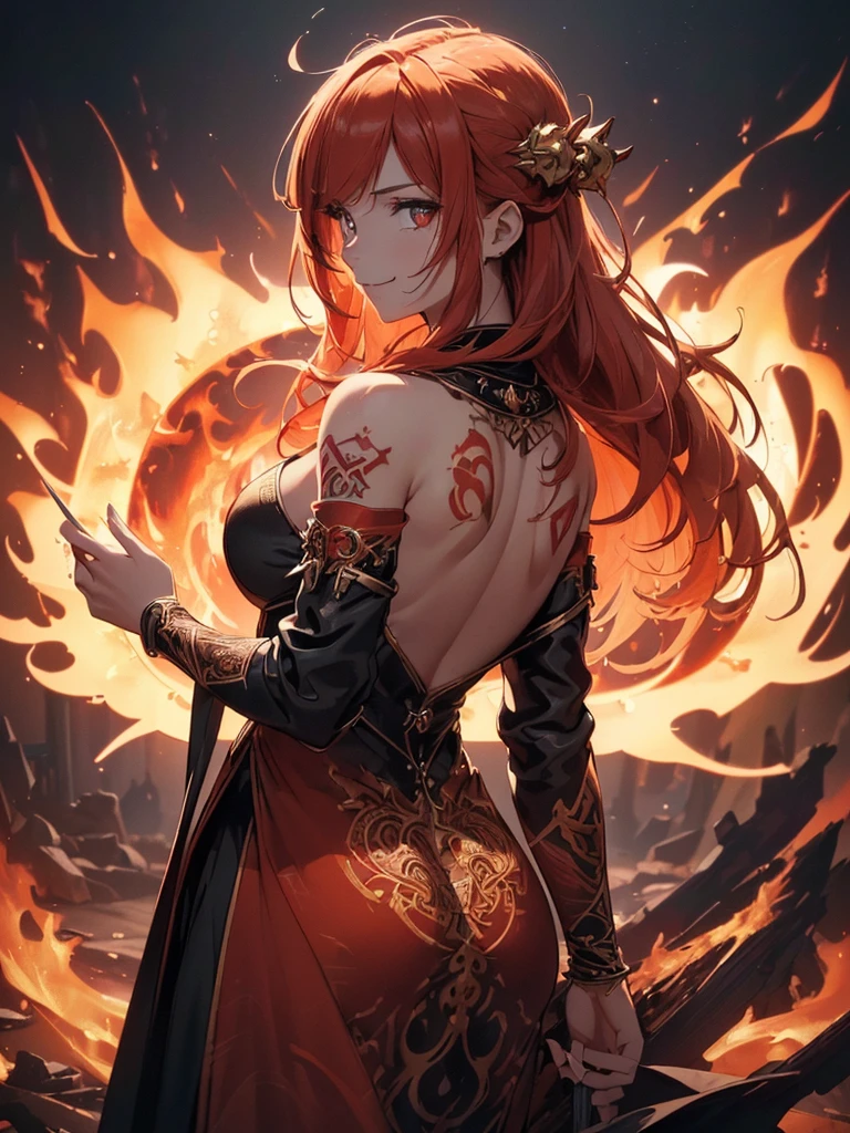 (((best quality, sharp image, clear image, cinematic lighting, 8k resolution, masterpiece, ultra detailed, intricate))) Girl, (((looking over left shoulder))), (shot from behind), fire mage, ((intricate background)), ((chaotic background)), red hair, smiling, ((flame runes, flame sigils)), (tatoo on back), slim figure, flying sigils, long dress, cute
