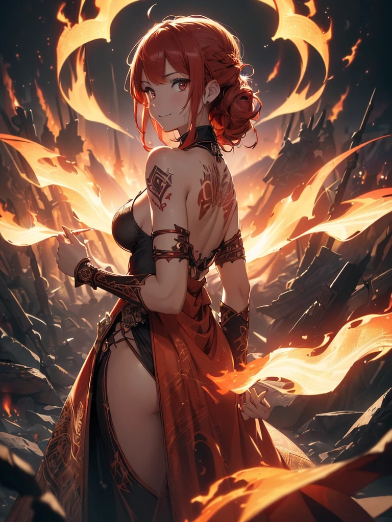 (((best quality, sharp image, clear image, cinematic lighting, 8k resolution, masterpiece, ultra detailed, intricate))) Girl, (((looking over left shoulder))), (shot from behind), fire mage, ((intricate background)), ((chaotic background)), red hair, smiling, ((flame runes, flame sigils)), (tatoo on back), slim figure, flying sigils, long dress, cute