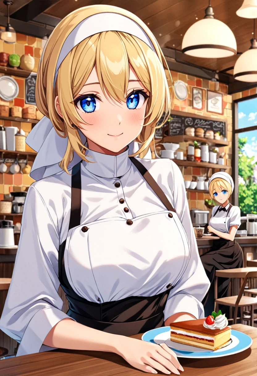 Anime young woman, blonde hair, fringe reparted in three parts, wearing hijab, light and bright blue eyes, waitress clothes, volumous chest, cafe background 