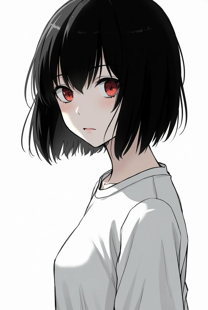 In jujutsu kaisen manga style a young woman short stature, with black hairy shoulder lenght, Red eyes a calm and shy expression, Half body, She wears a White shirt, manga style in black and White only the eyes colored