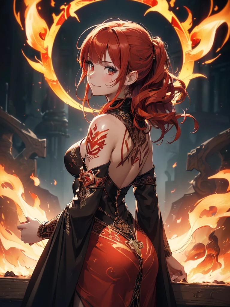 (((best quality, sharp image, clear image, cinematic lighting, 8k resolution, masterpiece, ultra detailed, intricate))) Girl, (((looking over left shoulder))), (shot from behind), fire mage, ((intricate background)), ((chaotic background)), red hair, smiling, ((flame runes, flame sigils)), (tatoo on back), slim figure, flying sigils, long dress, cute