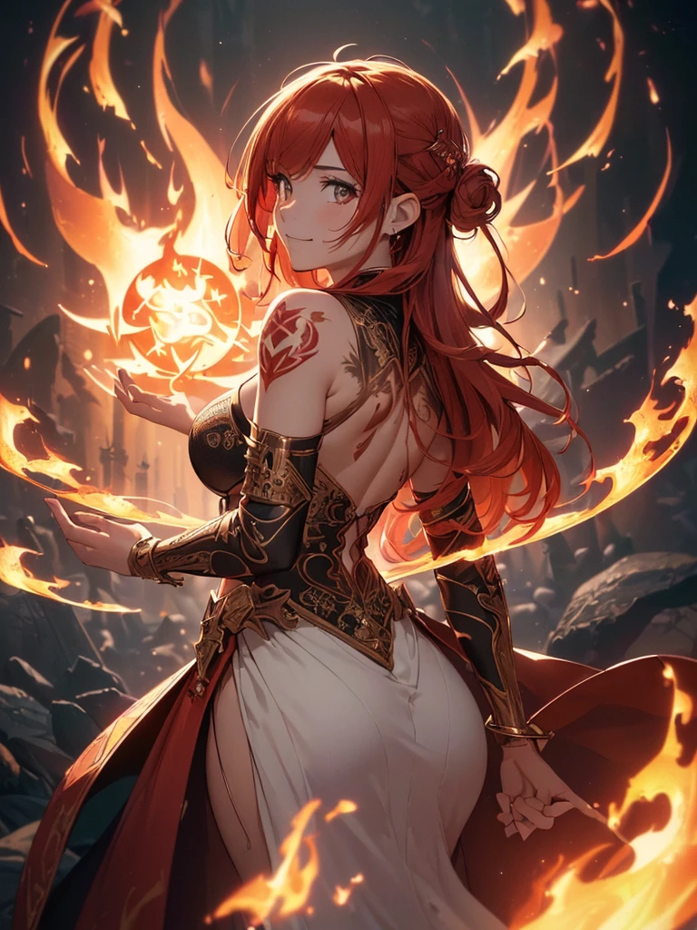 (((best quality, sharp image, clear image, cinematic lighting, 8k resolution, masterpiece, ultra detailed, intricate))) Girl, (((looking over left shoulder))), (shot from behind), fire mage, ((intricate background)), ((chaotic background)), red hair, smiling, ((flame runes, flame sigils)), (tatoo on back), slim figure, flying sigils, long dress, cute