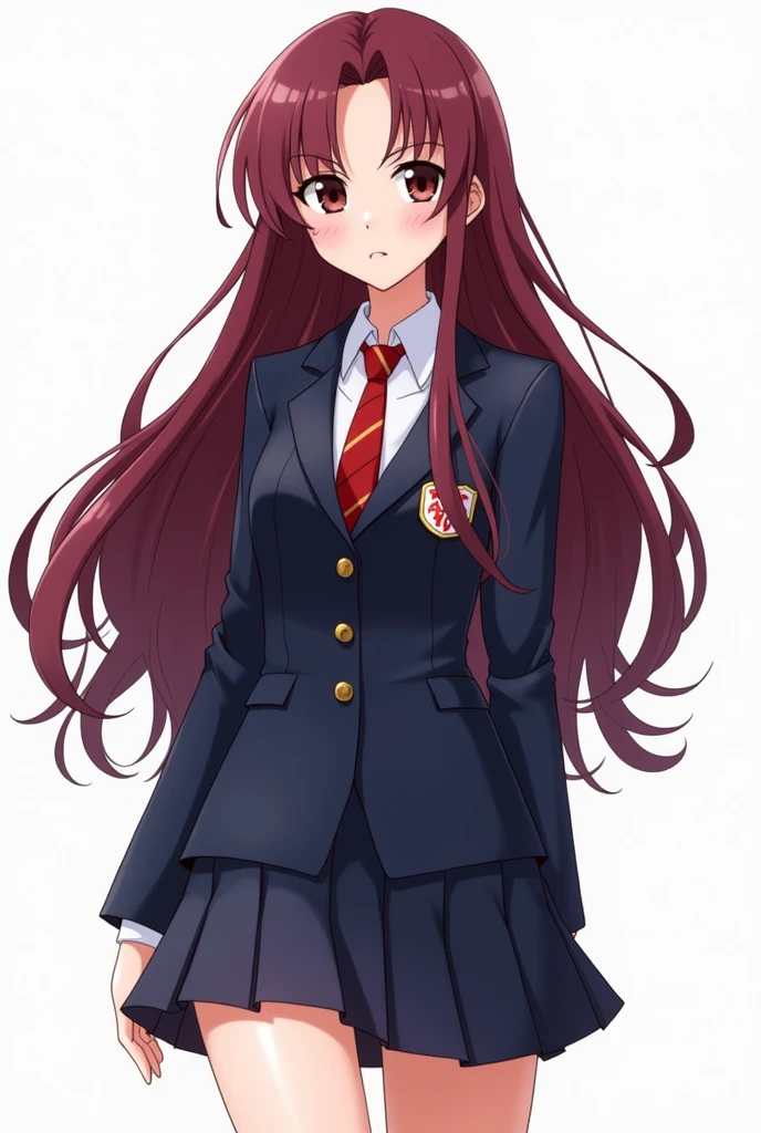 Create a girl in the style of boku no hero academia with long, wine-colored hair wearing the UA uniform