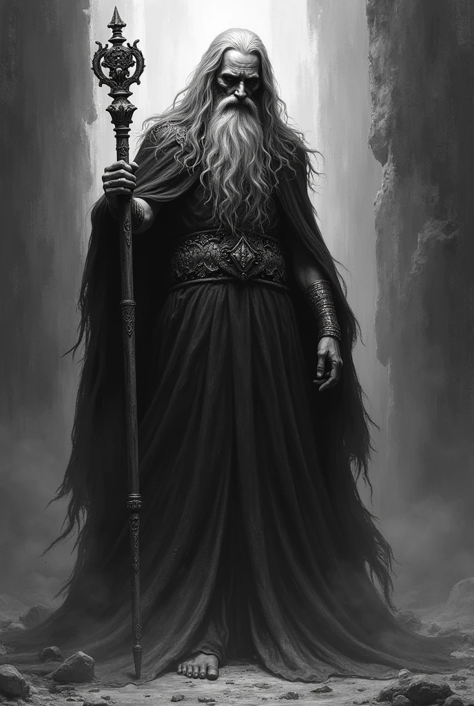 Create a black and white image of dead Poseidon with a scepter in his hand with a long beard and mustache and long hair in the western style 